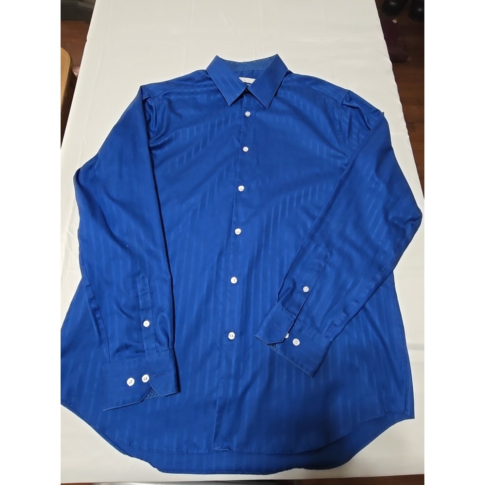 Perry Ellis Shirt Mens 16.5 Blue Striped Slim Fit Button Up Preppy